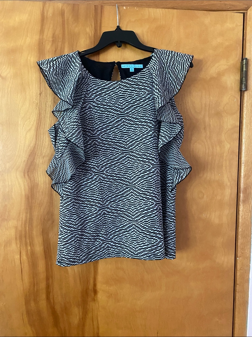 ANTONIO MELANI Black & White Patterned Ruffle Top